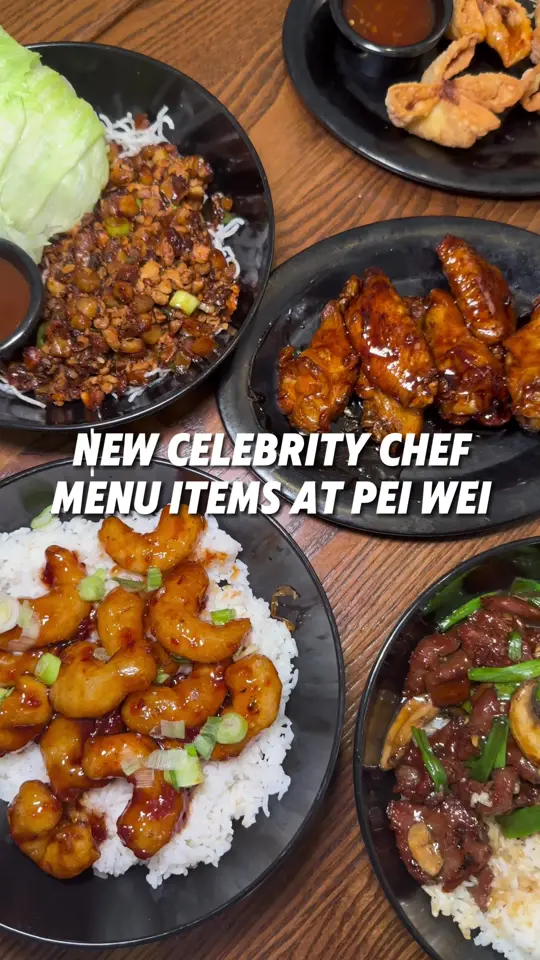 Pei Wei Asian Kitchen in Miami showing food, wok-fired wings, food, firecracker shrimp, food, salmon poke bowl, video by floridatravelguide on TikTok