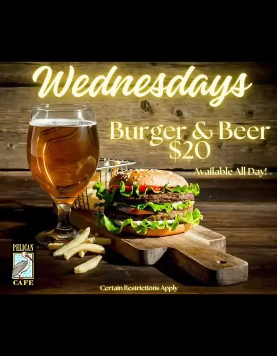 Pelican cafe in Lake Park showing live music, piano man, happy hour, cocktails, lite bites, burger and beer, video by Pelican Cafe on Facebook