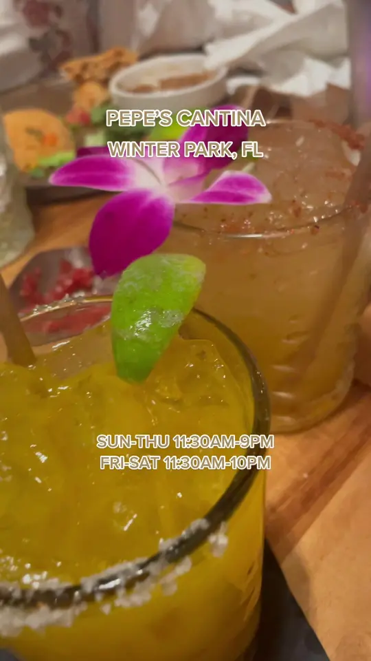 Pepe's Cantina in Orlando showing tacos, enchilada, quesadilla, spicy marg, margarita, video by bite4bite on TikTok