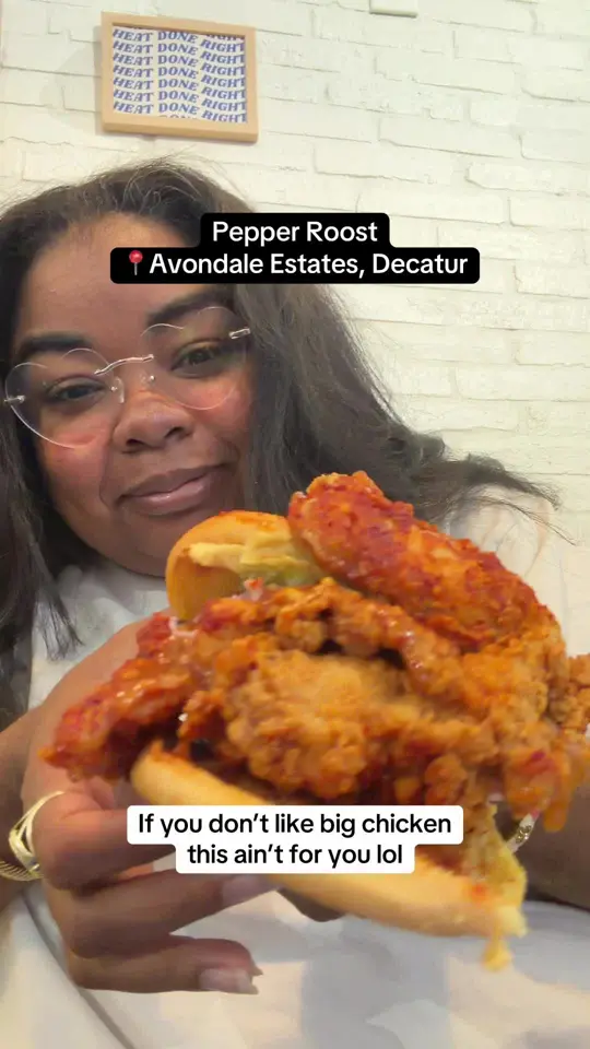 Pepper Roost in Decatur showing restaurant visit, sandwich, flying rooster sandwich, video by noprincessjustjasmin on TikTok