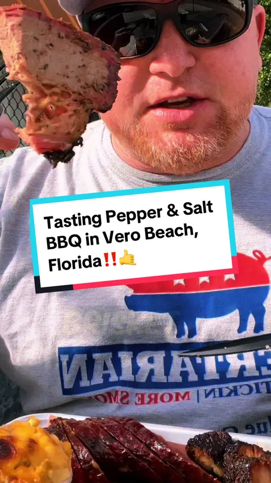 Pepper & Salt BBQ in Vero Beach showing review, smoked brisket, three meat platter, sides, smashburgers, video by the_digital_chef on TikTok