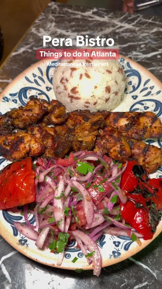 Pera Bistro in Atlanta showing review, visit, chicken, wagyu meatballs, heated patio, dj, video by vibesinatl on TikTok