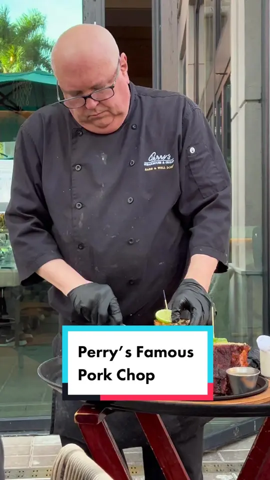 Perry's Steakhouse & Grille in Coral Gables showing pork chop, video by steveturk on TikTok