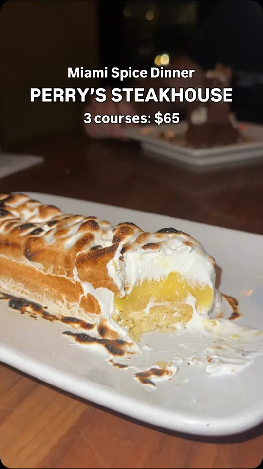 Perry's Steakhouse & Grille in Coral Gables showing review, seasonal soup, 6 oz koji-aged filet mignon, lemon bar, perry's famous pork chop, chocolate crunch tower, video by Lattes N' Luggage Travel Blog on Facebook