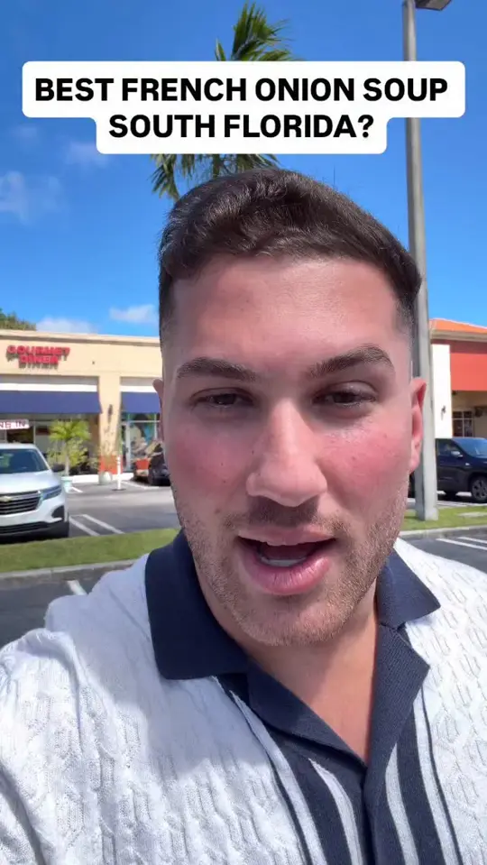Petit Gourmet Diner in Aventura showing french onion soup, video by Mikeiseating on Facebook