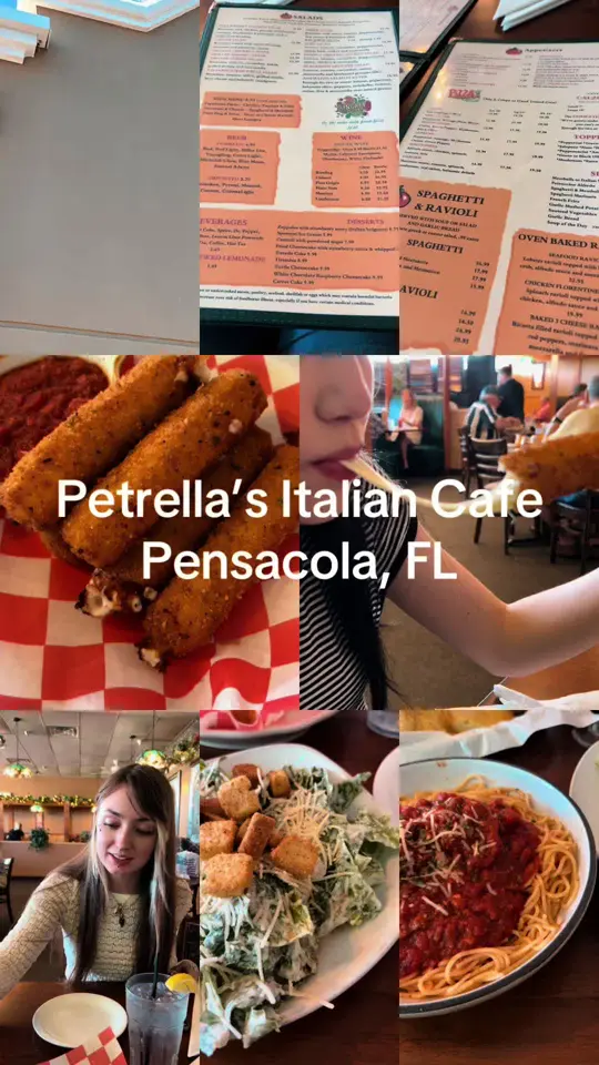 Petrella's Italian Cafe in Pensacola showing review, spaghetti & meatballs, caesar salad, garlic bread, spinach ravioli, mac n cheese, video by emerald.coast.eateries on TikTok