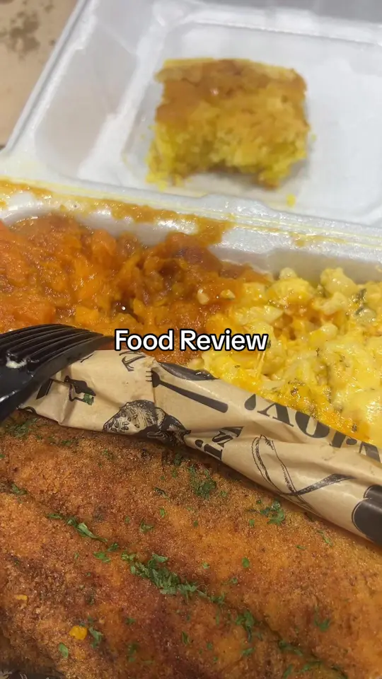 PhatGirlz in Pooler showing fried fish, mac and cheese, yams, cornbread, video by kiinng_j on TikTok