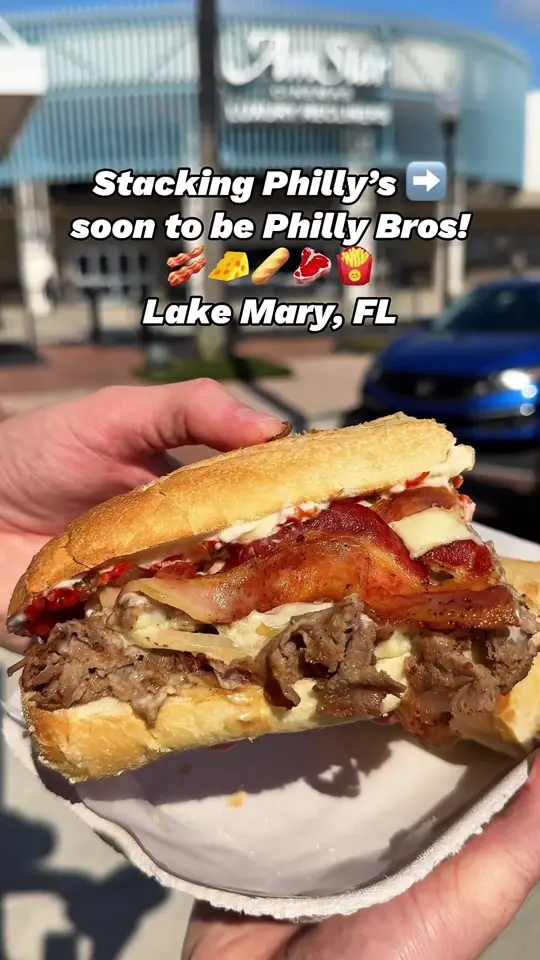 Philly Bros in Lake Mary showing review, bacon philly, chicken teriyaki philly, chopped cheese, cheddar bacon winders, video by orlandofoodfinders on TikTok