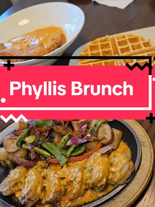 Phyllis in Marietta showing review, visit, shrimp skillet w creole sauce, fried lobster & waffle, fried catfish & grits, video by antlantaeats on TikTok