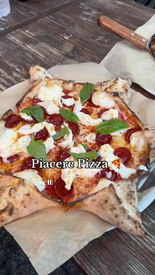Piacere Wood Fired Pizza in Miami showing visit, pizza, pepperoni hot honey star pizza, truffle and mushroom pizza, burrata and prosciutto pizza, nutella pizza, video by exploramiami on TikTok