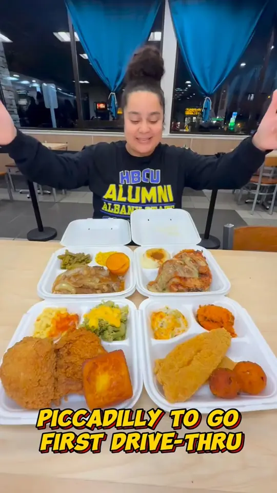 Piccadilly in Decatur showing restaurant visit, southern comfort food, carrot soufflé, broccoli and cheese casserole, salisbury steak, fried chicken, baked chicken, southern fish, rolls, video by gourmetangiie on Facebook