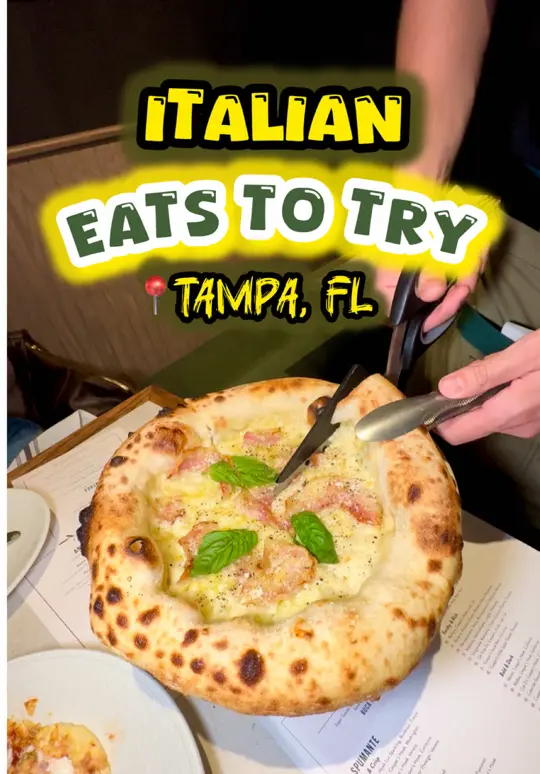 Piccolo Buco by Cooper's Hawk in Tampa showing restaurant, italian food, carbonara pizza, video by thefloridaplayground on TikTok
