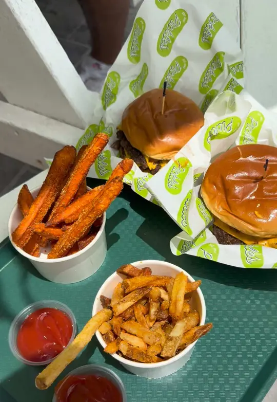 Pickle's Burger And Shake in Santa Rosa Beach showing visit, review, smash burger, salty fries, shakes, video by mamakaitlin on TikTok