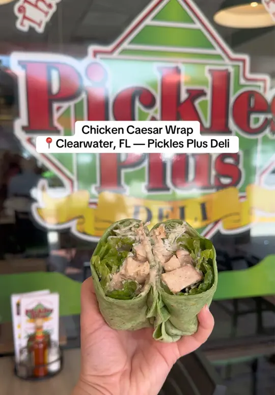 Pickles Plus Deli in Clearwater showing food, chicken caesar wrap, video by champagneauby on TikTok