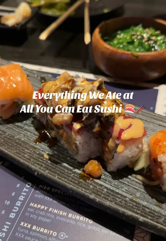 Pier 5 in Miami showing sushi, all you can eat sushi, video by breanna.eats on TikTok