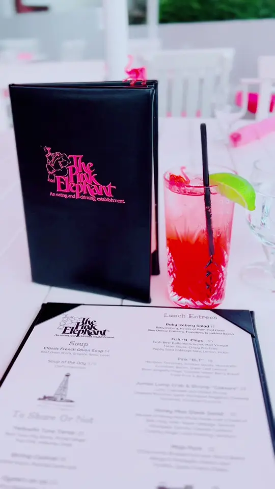 Pink Elephant in Boca Grande showing visit, fresh food, iconic pink elephant drink, video by visitfortmyers on TikTok