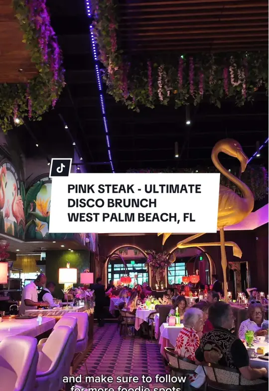 Pink Steak in West Palm Beach showing disco brunch, dj sets, dancing, lobster, steak, seafood platters, video by innythefoodie on TikTok
