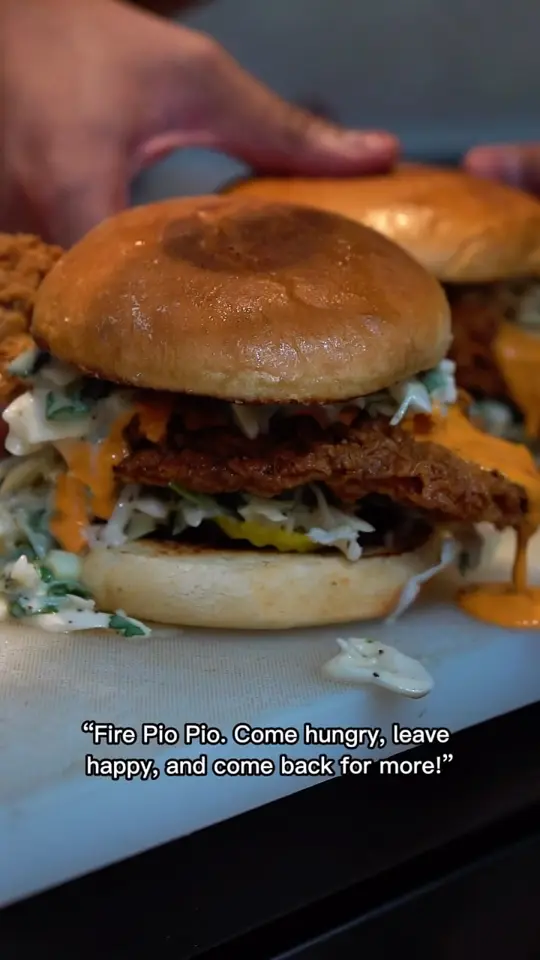 Pio Pio in Orlando showing food, crispy chicken sandwich, video by Fire Pio Pio on Facebook