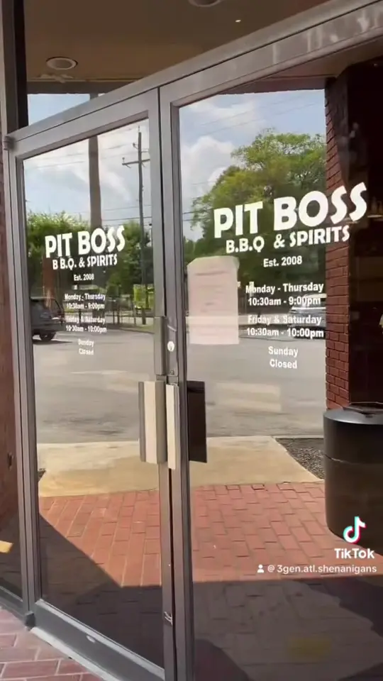Pit Boss BBQ in Atlanta showing review, collard greens, mac n cheese, smoked wings, loaded bbq chicken fries, video by 3gen.atl.shenanigans on TikTok