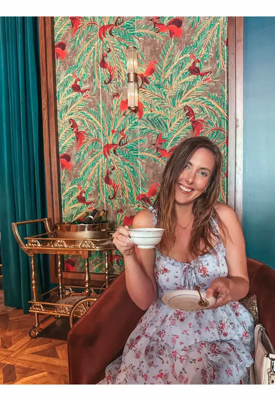 Pluma Lounge in St. Petersburg showing afternoon tea, champagne cart, tea cocktails, petit fours, sandwiches, scones, pastries, caviar service, egg salad + truffle aioli sandwich, guava con queso, video by sunkissedinstpete on TikTok