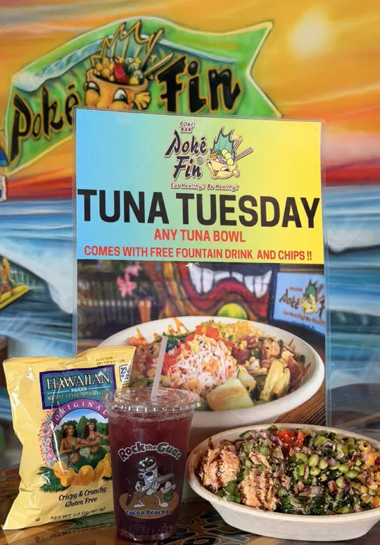 Poke Fin Cocoa Beach in Cocoa Beach showing food, tuna poke bowl, drink, fountain soda, snack, hawaiian chips, video by pokefin.fl on TikTok