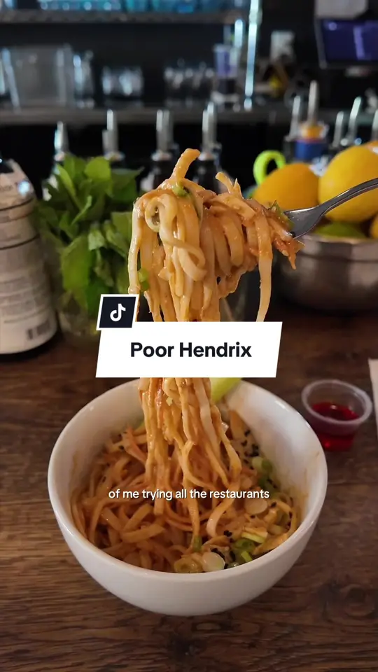 Poor Hendrix in Atlanta showing review, visit, cozy atmosphere, smoky shrimp skewers, creamy peanut noodles, video by grace.jjang on TikTok