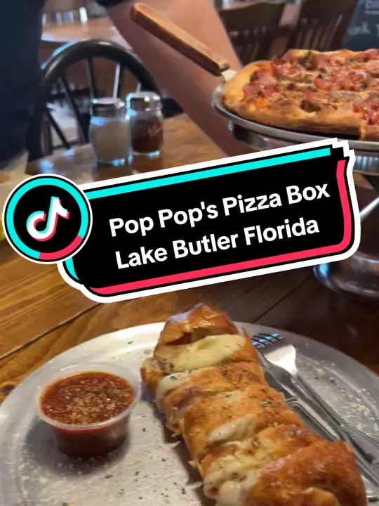 Pop Pops Pizza Box in Lake Butler showing pizza, hidden gem review, locals favorite, video by food.with.the.fel on TikTok