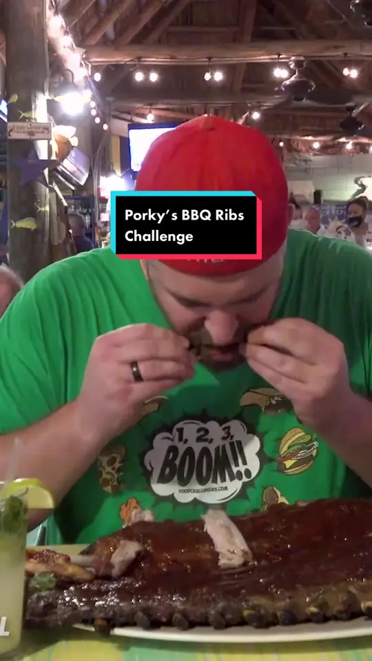 Porky's Bayside Restaurant and Marina in Marathon showing food challenge, baby back ribs, key lime pie, tostones, video by randysantel on TikTok