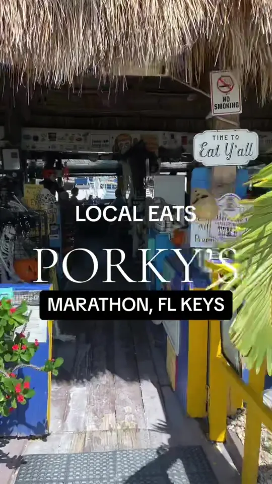 Porky's Bayside Restaurant and Marina in Marathon showing review, visit, atmosphere, seafood, bbq, video by mjsellingparadise on TikTok