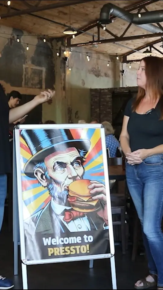 PRESSTO! (Pop-Up) in Jasper showing restaurant visit, smash burgers, shakes, video by Pickens Progress on Facebook