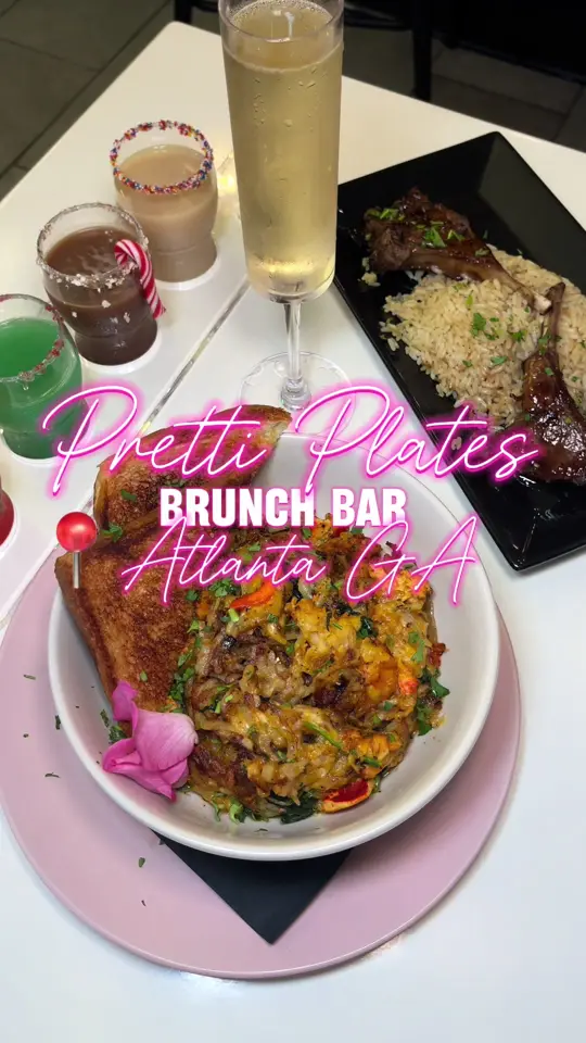 Pretti Plates Brunch Bar in Atlanta showing brunch, restaurant visit, food review, fry flight, seafood hash, hookah, video by twocentsliyah on TikTok
