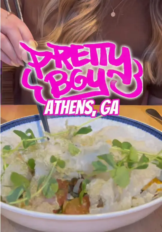 Pretty Boy in Athens showing review, visit, citrus and pear salad, mushroom rice paper pizza, drunk noods, curry fish, xa xiu pork loin, video by jalyson.eats on TikTok