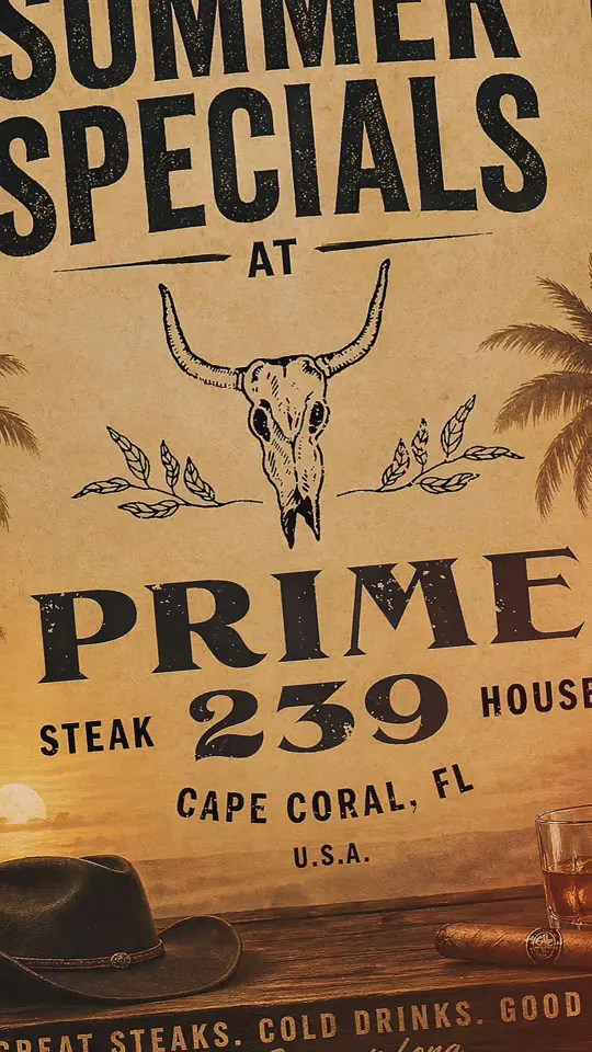 Prime 239 Steakhouse in Cape Coral showing menu items, half-priced bottles of wine, surf & turf, prime rib night, vip night, video by prime239steakhouse on TikTok