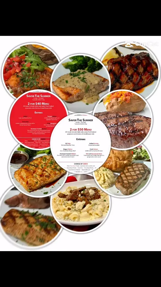 Prime Serious Steak in Port Charlotte showing menu, 2 for $40 menu, 2 for $50 menu, ny strip, australian wagyu flatiron, fresh salmon, video by Prime Serious Steak on Facebook