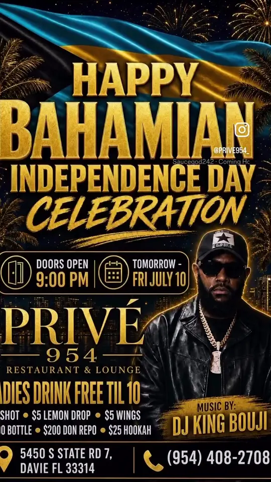Privé 954 in Davie showing event, bahamian independence day celebration, live music, dj performance, drinks, food specials, video by privelounge954 on TikTok