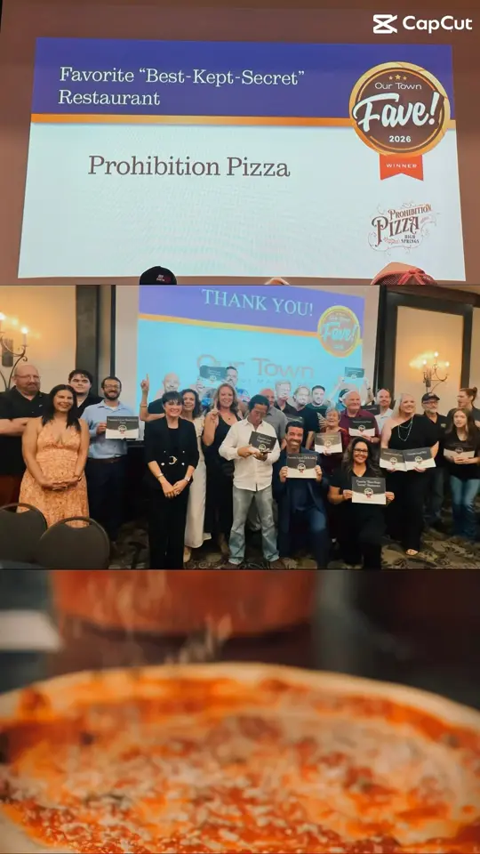 Prohibition Pizza in High Springs showing award, best chicken wings, best local dog-friendly business, best kept secret restaurant, video by Prohibition Pizza on Facebook