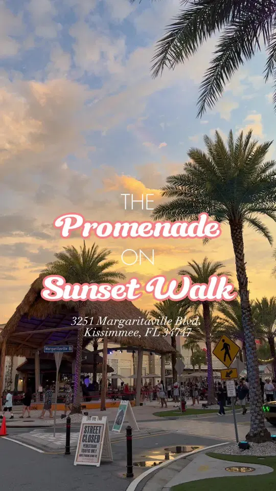 Promenade At Sunset Walk in Kissimmee showing review, visit, restaurant, estefan’s kitchen, cowboy chicken, river street sweets, video by paigepbryant on TikTok