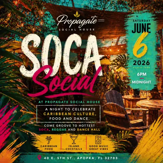 Propagate Social House in Apopka showing event, caribbean night, food, cocktails, music, video by pernilicious23 on TikTok
