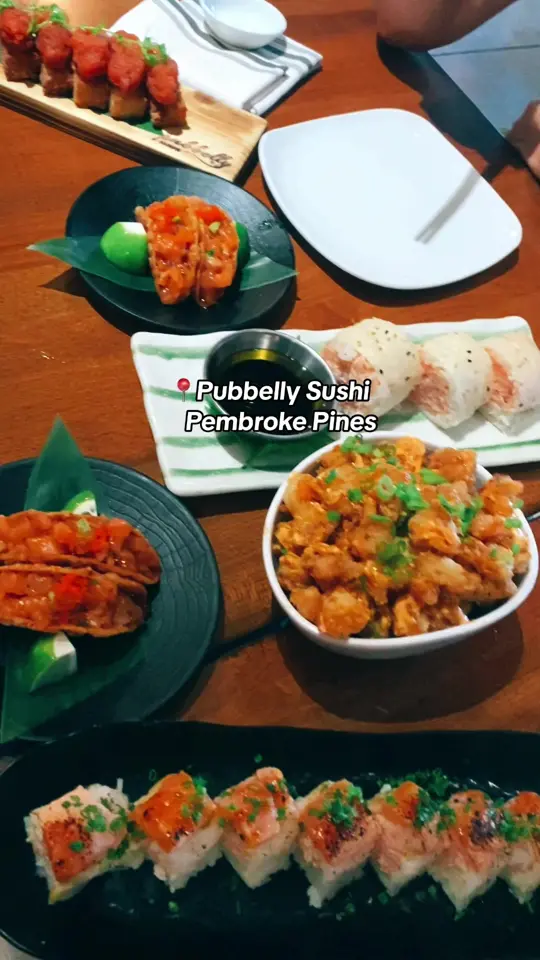 Pubbelly Sushi in Aventura showing food, rock shrimp tempura, bigeye tuna roll, butter krab roll, sake aburi, salmon tartare taquito, navarro salmon, salmon sashimi, salmon nig, video by goodtimeswithdem on TikTok