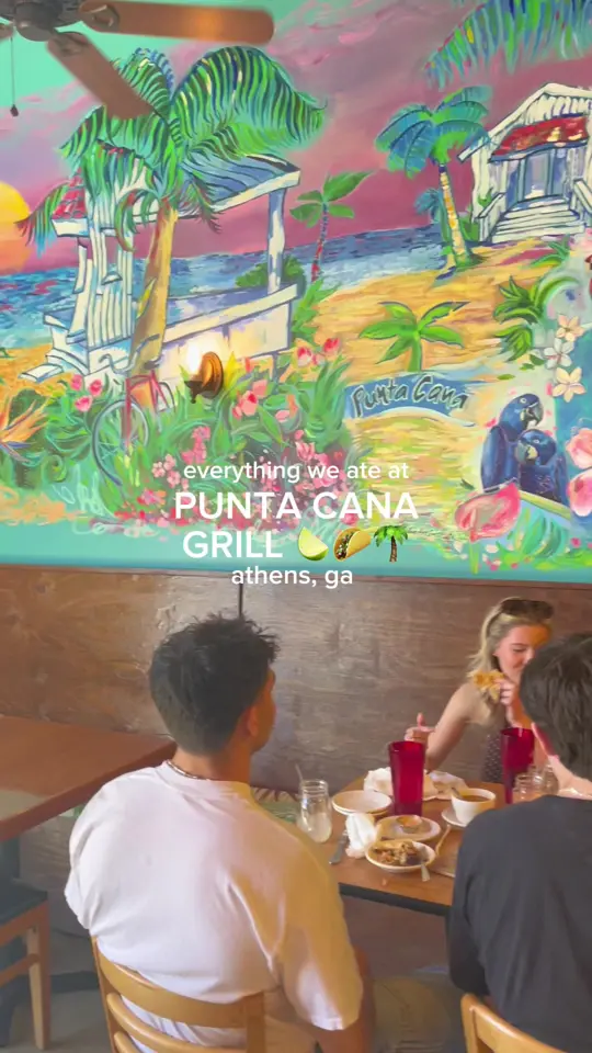 Punta Cana Latin Grill in Athens showing visit, punta steak sandwich, empanadas, lime juice bev, video by alexisderickson on TikTok