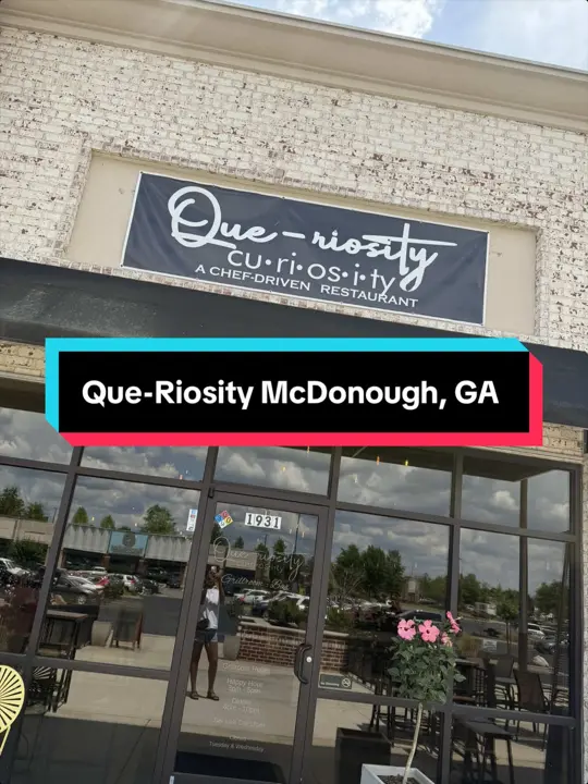 Que-Riosity in McDonough showing review, visit, cheese grits, barbecue shrimp, eggs, chicken and waffles, video by fleurishwithz on TikTok