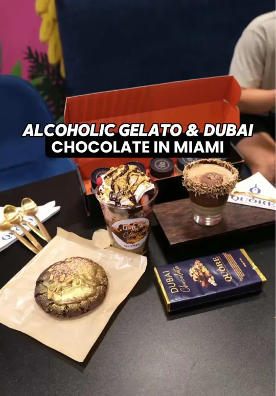 Quore Gelato in Miami showing review, liquor-infused flavors, vanilla & bourbon, dulce de leche & tequila, salted caramel & whiskey, strawberry dubai chocolate, affogato, video by zackaryeats on TikTok