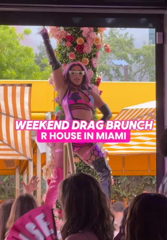 R House Wynwood in Miami showing brunch, mimosas, live drag, music, video by zackaryeats on TikTok