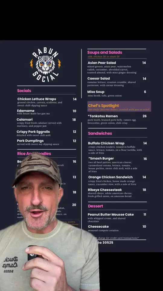 Rabun Social in Clayton showing lunch menu, new menu, video by Rabun Social on Facebook