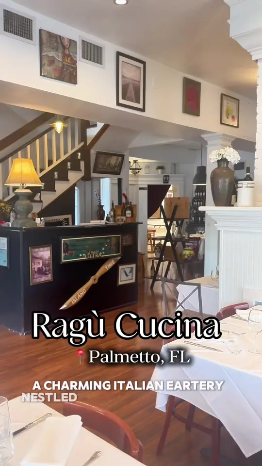 Ragù Cucina Italiana in Palmetto showing restaurant, house-made pastas, lasagna ragù bolognese, linguine pesto di pistacchio e gamberi, veal parmesan, video by eatlocalflorida on TikTok
