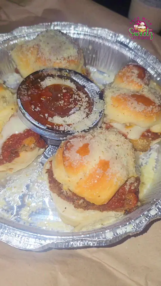 Red Tomato Pizza in Margate showing food, eggplant parm sliders, video by mimisweetkush on TikTok