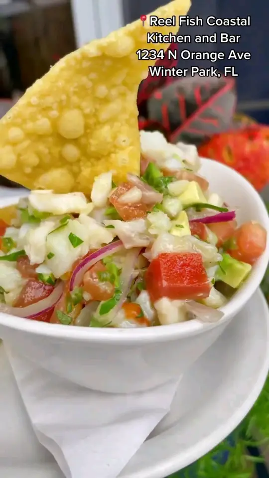 Reel Fish Coastal Kitchen and Bar in Winter Park showing brunch, ceviche, rustic french toast, avocado & shrimp, video by Reel Fish Coastal Kitchen & Bar on Facebook