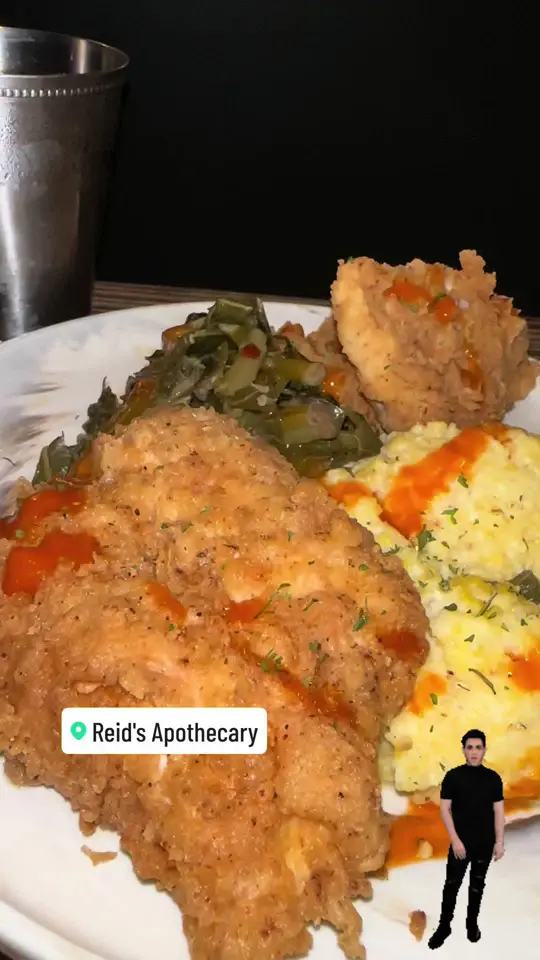 Reid's Apothecary in Brunswick showing restaurant review, dining experience, southern flavors, shrimp and grits, ambiance, staff, video by vettievette on TikTok
