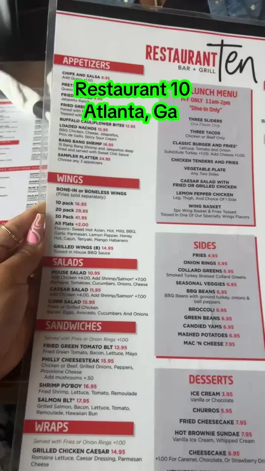 Restaurant 10 Bar & Grill in Atlanta showing review, visit, video by mompreneur969 on TikTok