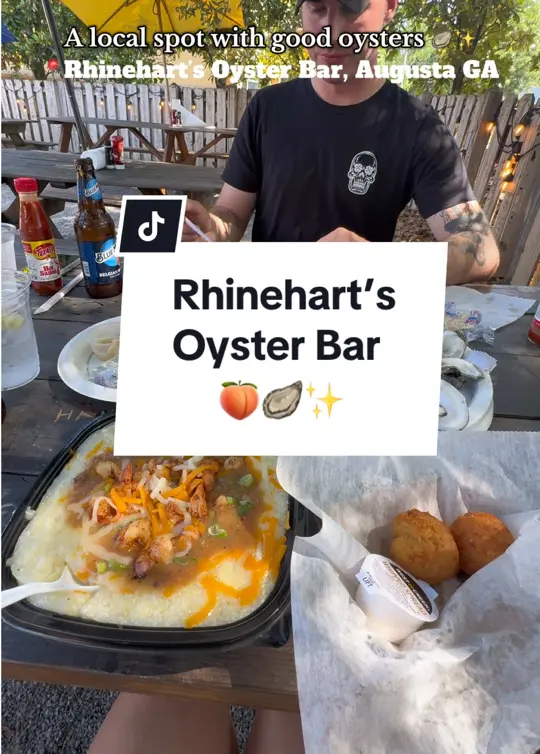 Rhinehart's Oyster Bar in Augusta showing visit, oysters, hush puppies, drinks, video by mollylovesyou93 on TikTok
